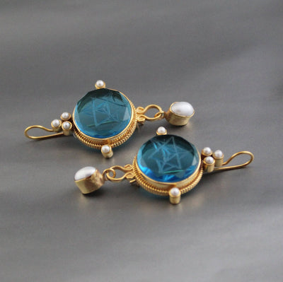 Blue Merkaba Earrings, Sacred Geometry, Victorian Pearl Dangles, photo 4