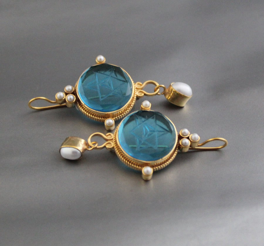 Blue Merkaba Earrings, Sacred Geometry, Victorian Pearl Dangles, photo 10