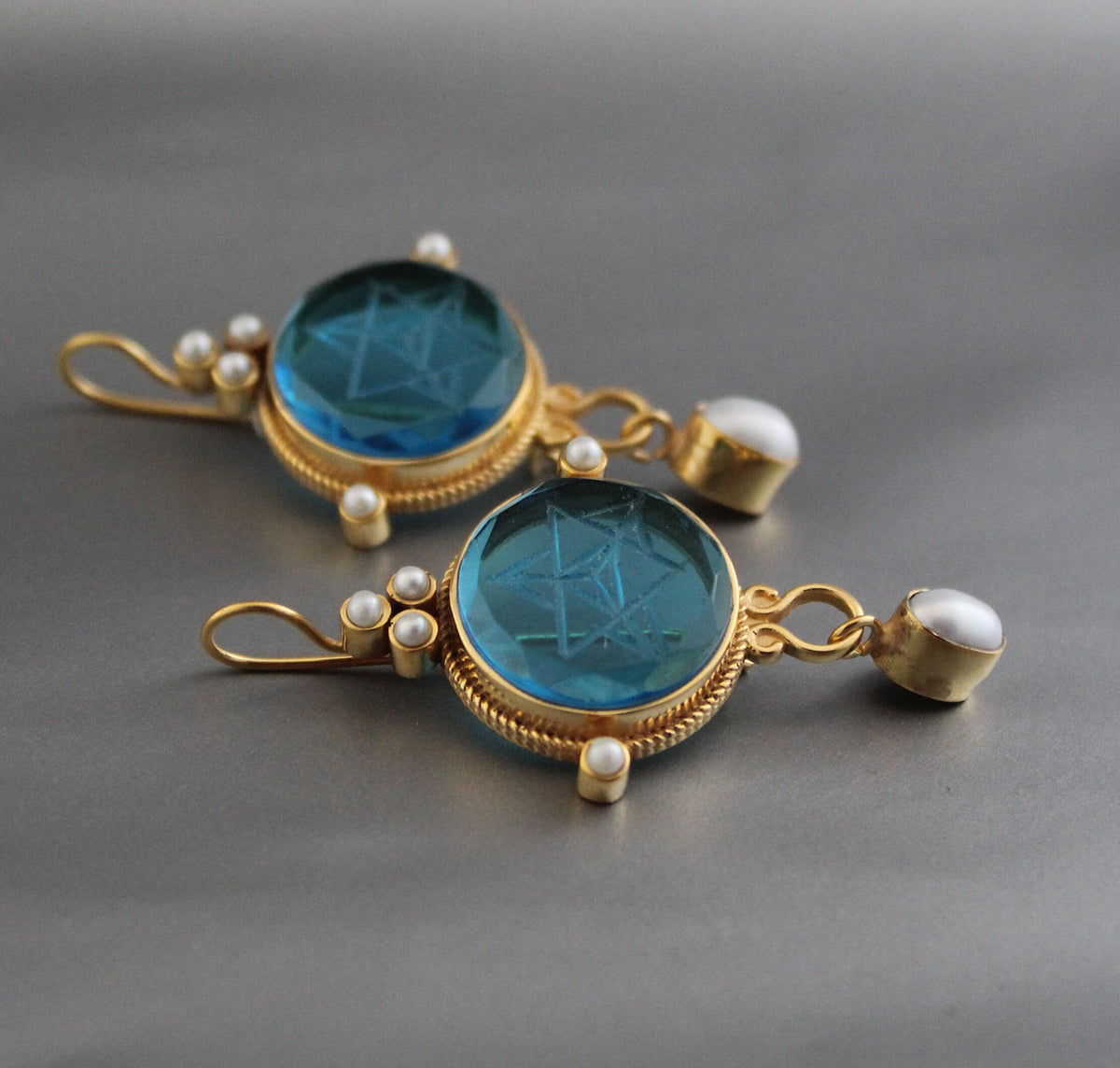 Blue Merkaba Earrings, Sacred Geometry, Victorian Pearl Dangles, photo 9