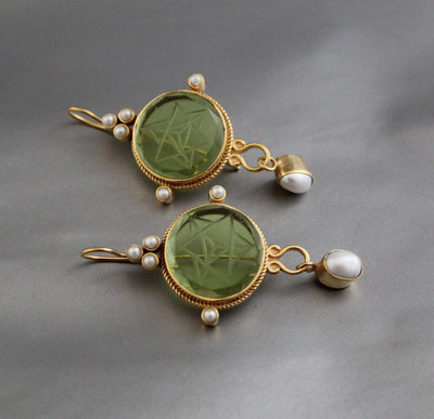 Green Merkaba Intaglio Earrings, Sacred Geometry, Gold Plated with Pearls, photo 9