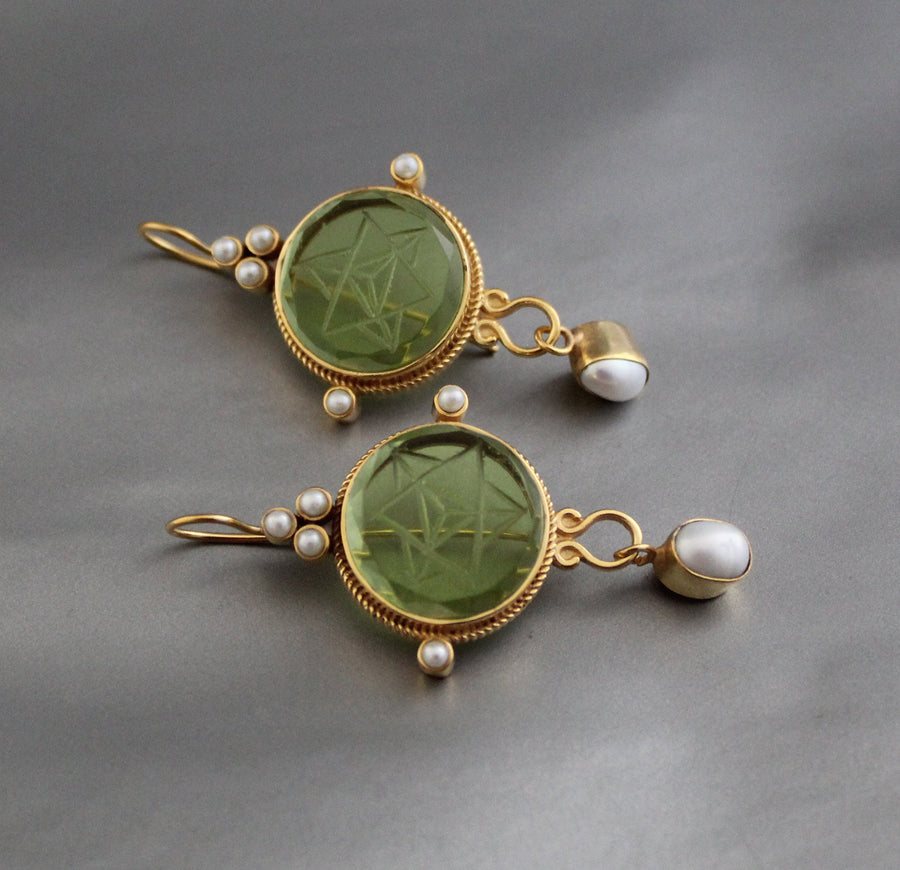 Green Merkaba Intaglio Earrings, Sacred Geometry, Gold Plated with Pearls, photo 9