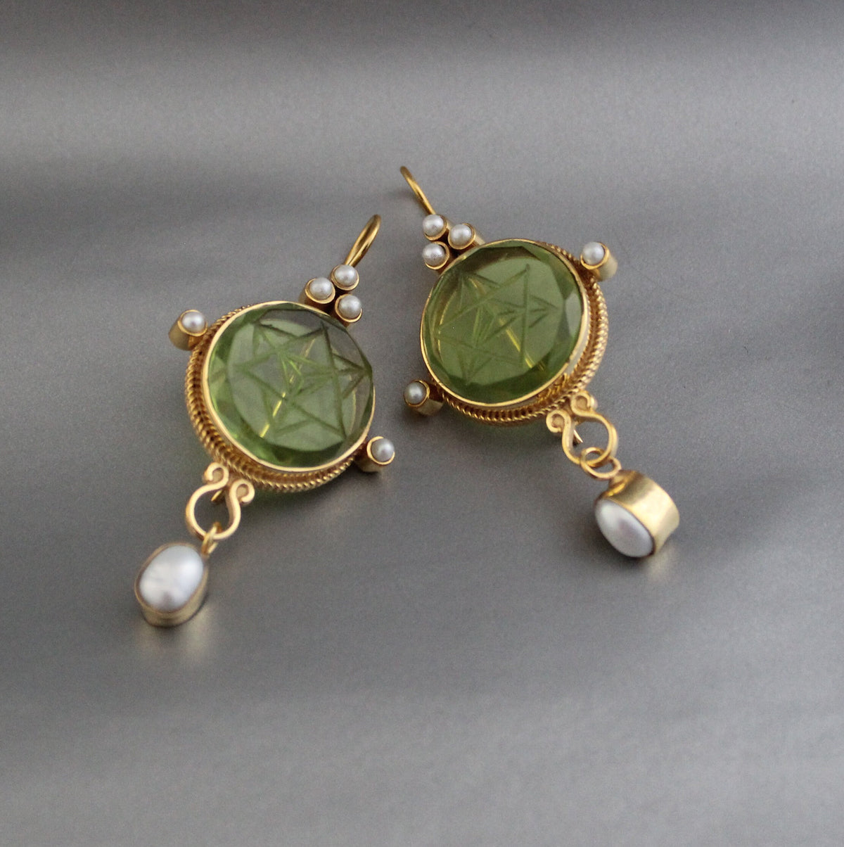 Green Merkaba Intaglio Earrings, Sacred Geometry, Gold Plated with Pearls, photo 6