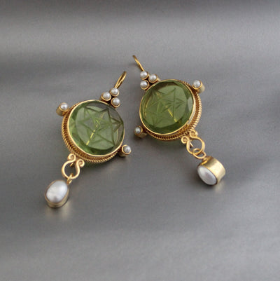 Green Merkaba Intaglio Earrings, Sacred Geometry, Gold Plated with Pearls, photo 6