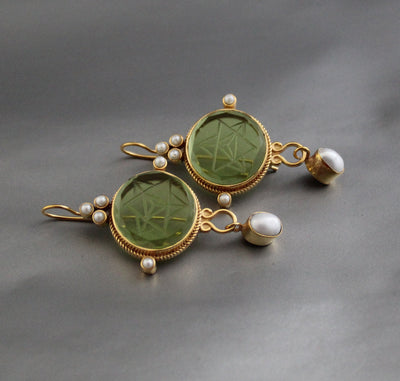 Green Merkaba Intaglio Earrings, Sacred Geometry, Gold Plated with Pearls, photo 2