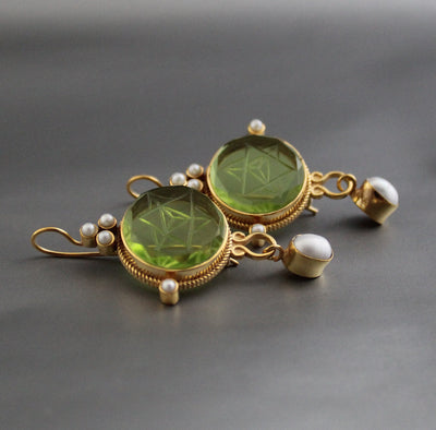 Green Merkaba Intaglio Earrings, Sacred Geometry, Gold Plated with Pearls, photo 10