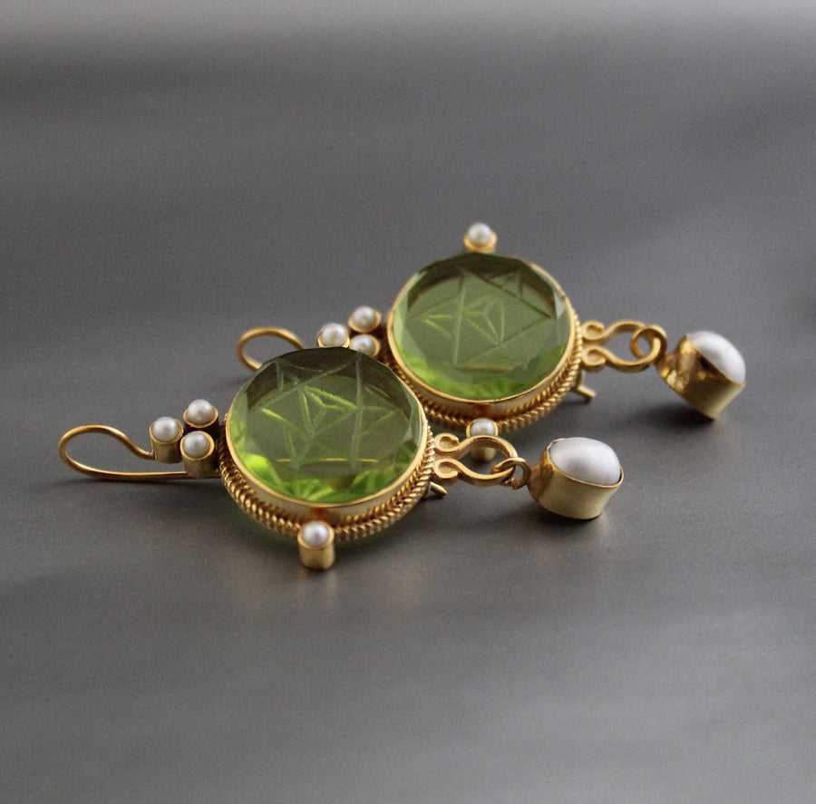 Green Merkaba Intaglio Earrings, Sacred Geometry, Gold Plated with Pearls, photo 10
