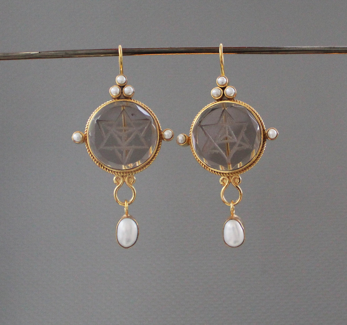 Brown Merkaba Intaglio Earrings, Victorian Style, Gold with Pearls, photo 6