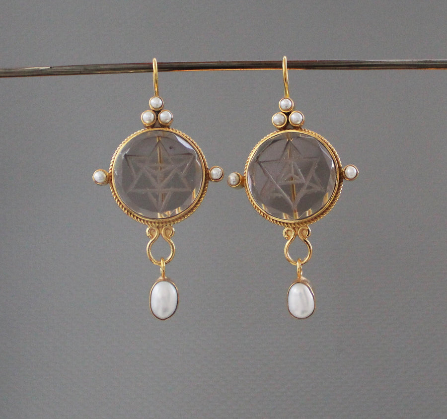 Brown Merkaba Intaglio Earrings, Victorian Style, Gold with Pearls, photo 6