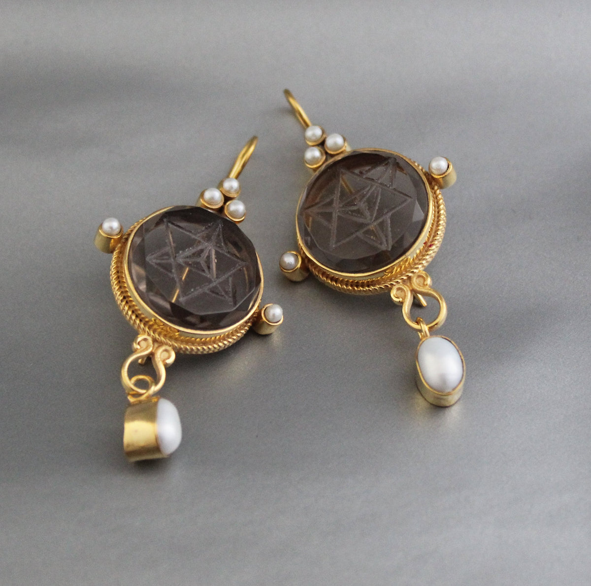 Brown Merkaba Intaglio Earrings, Victorian Style, Gold with Pearls, photo 5