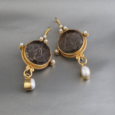 Brown Merkaba Intaglio Earrings, Victorian Style, Gold with Pearls, photo 5