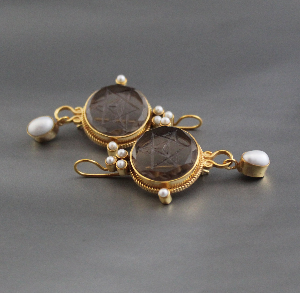Brown Merkaba Intaglio Earrings, Victorian Style, Gold with Pearls, photo 7