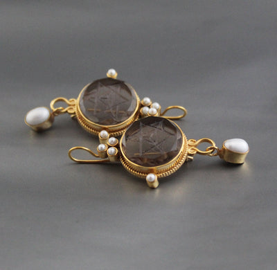 Brown Merkaba Intaglio Earrings, Victorian Style, Gold with Pearls, photo 7