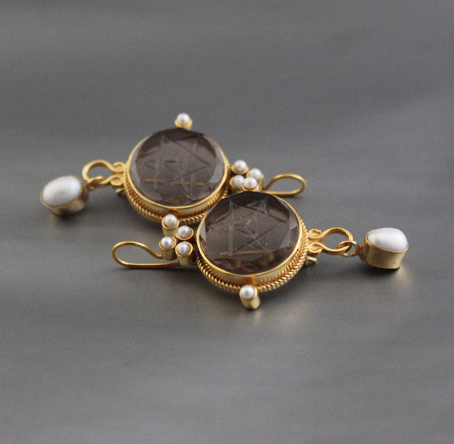 Brown Merkaba Intaglio Earrings, Victorian Style, Gold with Pearls, photo 7