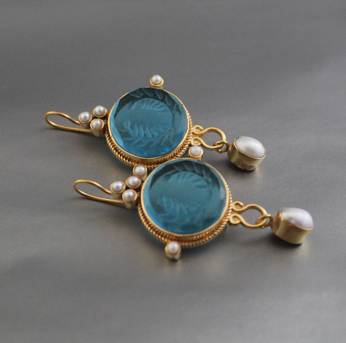 Blue Glass Intaglio Dangle Earrings, Bridal Pearl Drops, Gold Vermeil, photo 6