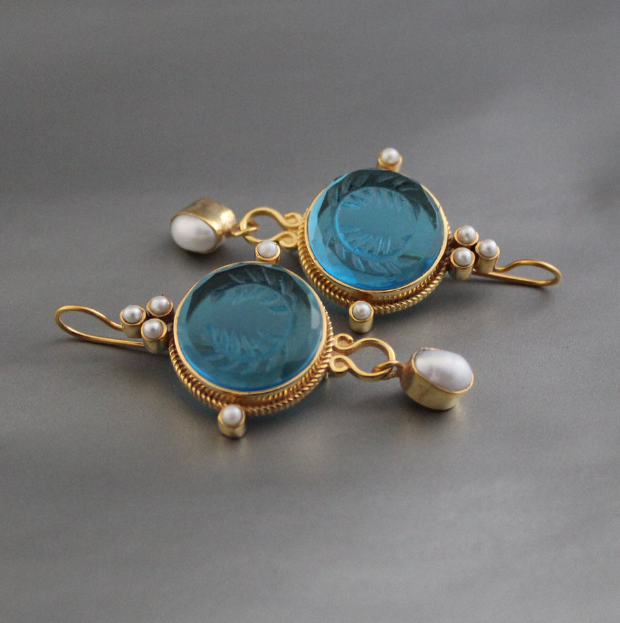 Blue Glass Intaglio Dangle Earrings, Bridal Pearl Drops, Gold Vermeil, photo 4