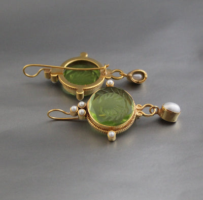 Laurel Wreath Intaglio Earrings, Gold Chandelier with Pearls, photo 5