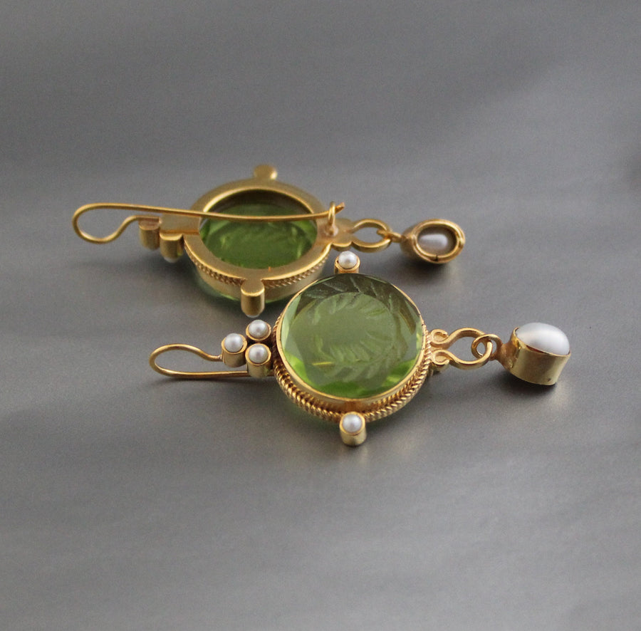 Laurel Wreath Intaglio Earrings, Gold Chandelier with Pearls, photo 5