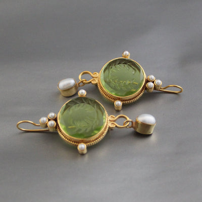 Laurel Wreath Intaglio Earrings, Gold Chandelier with Pearls, photo 6
