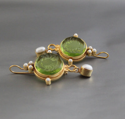 Laurel Wreath Intaglio Earrings, Gold Chandelier with Pearls, photo 7