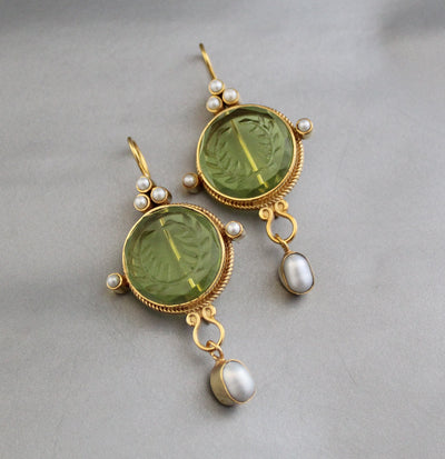 Laurel Wreath Intaglio Earrings, Gold Chandelier with Pearls, photo 8
