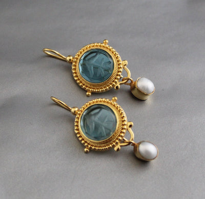 Blue Quartz Intaglio Earrings, Pearl Drops, Gold, photo 4