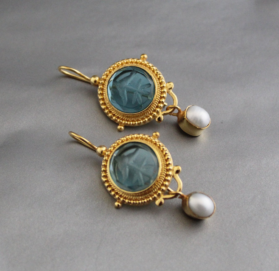 Blue Quartz Intaglio Earrings, Pearl Drops, Gold, photo 4