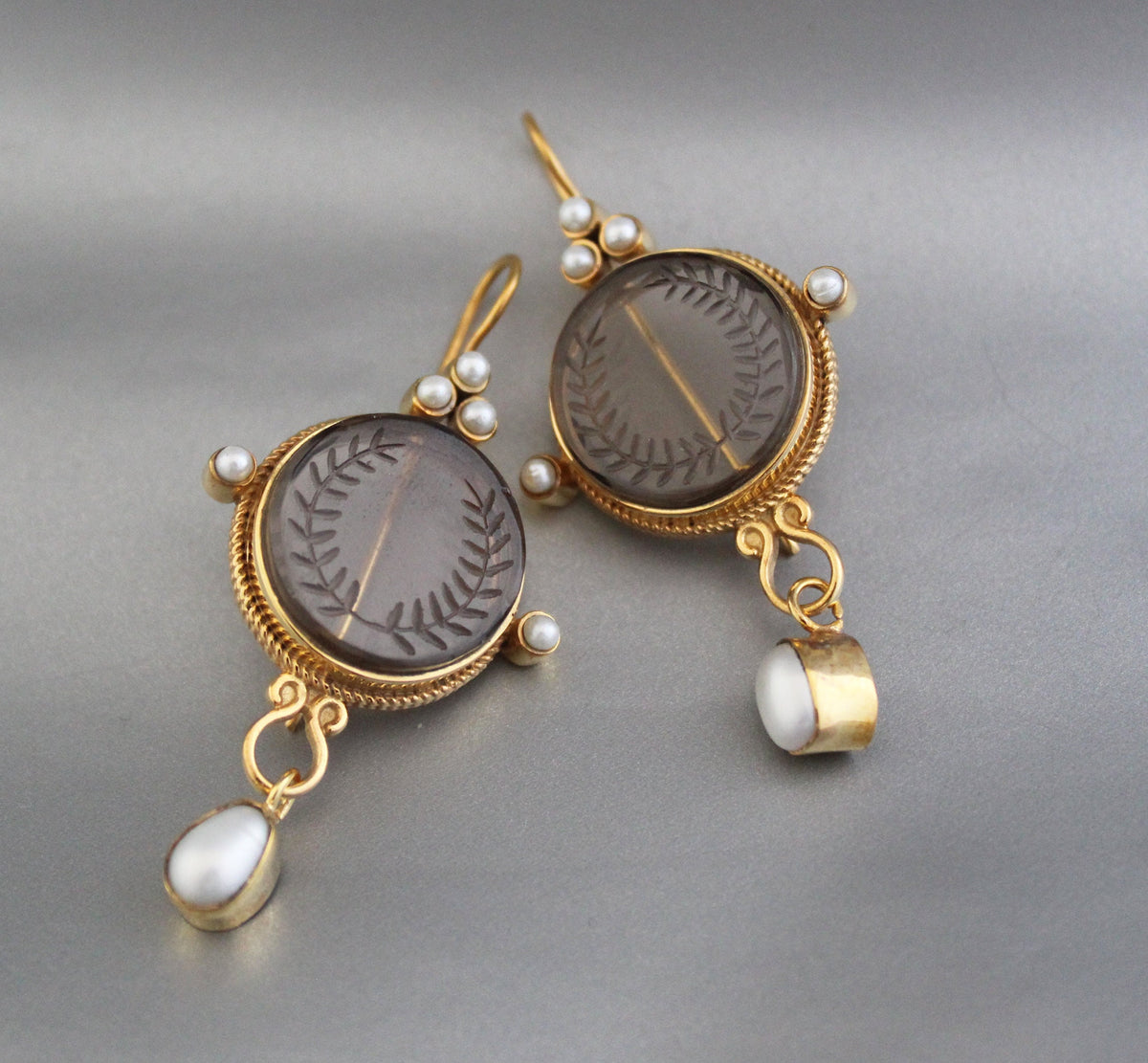 Smokey Laurel Wreath Intaglio Earrings, Edwardian Gold Vermeil, photo 6