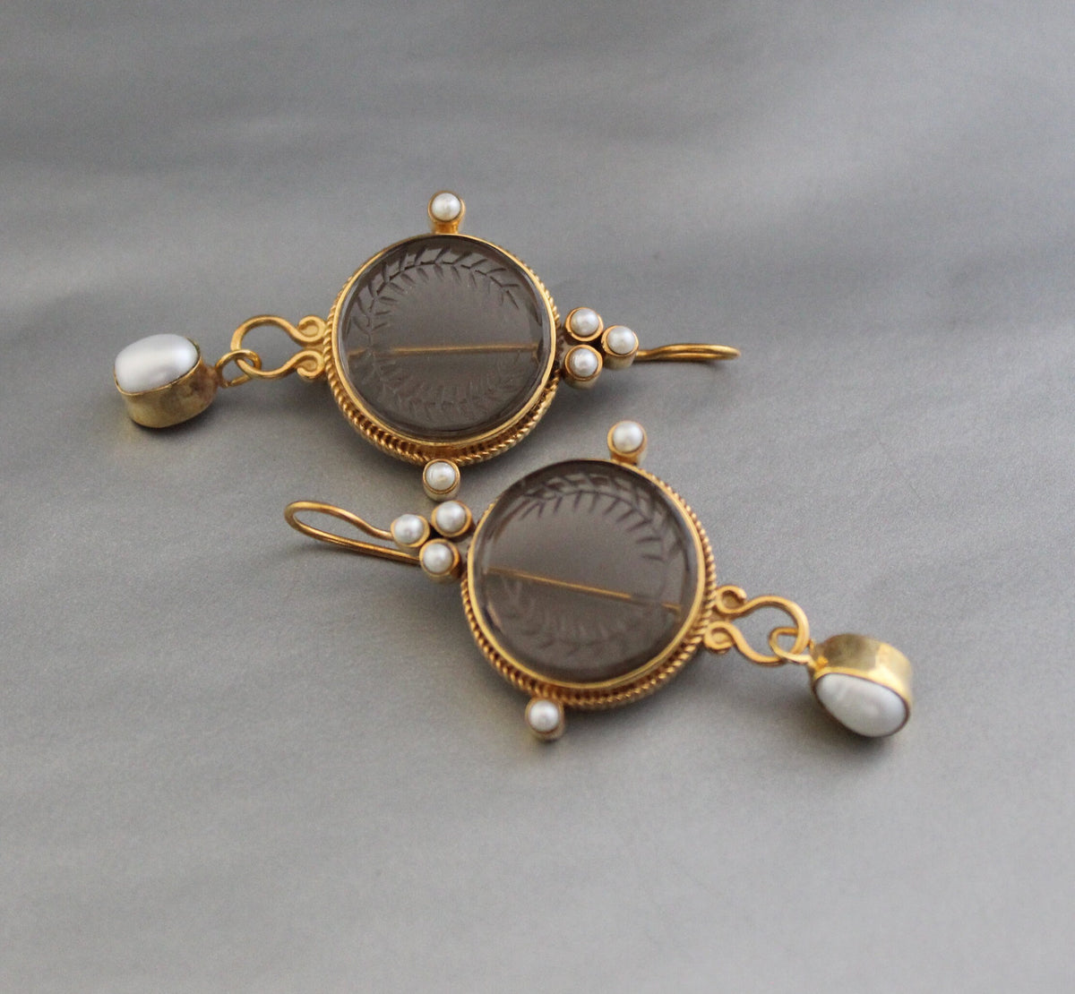 Smokey Laurel Wreath Intaglio Earrings, Edwardian Gold Vermeil, photo 7
