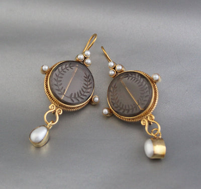 Smokey Laurel Wreath Intaglio Earrings, Edwardian Gold Vermeil, photo 11