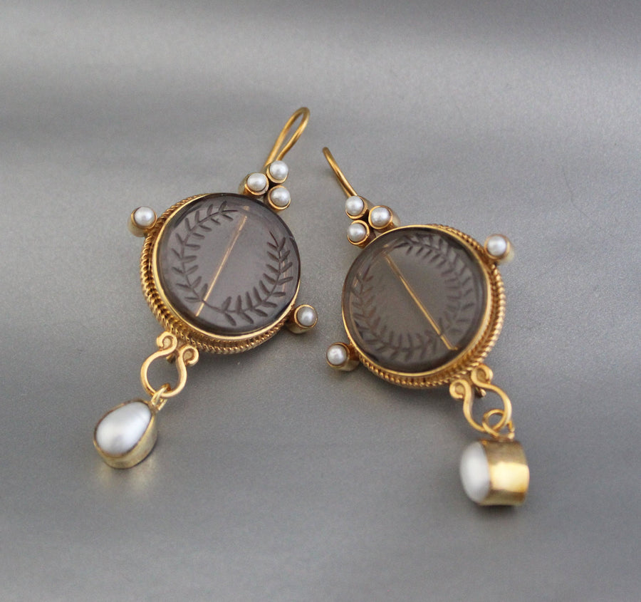 Smokey Laurel Wreath Intaglio Earrings, Edwardian Gold Vermeil, photo 11
