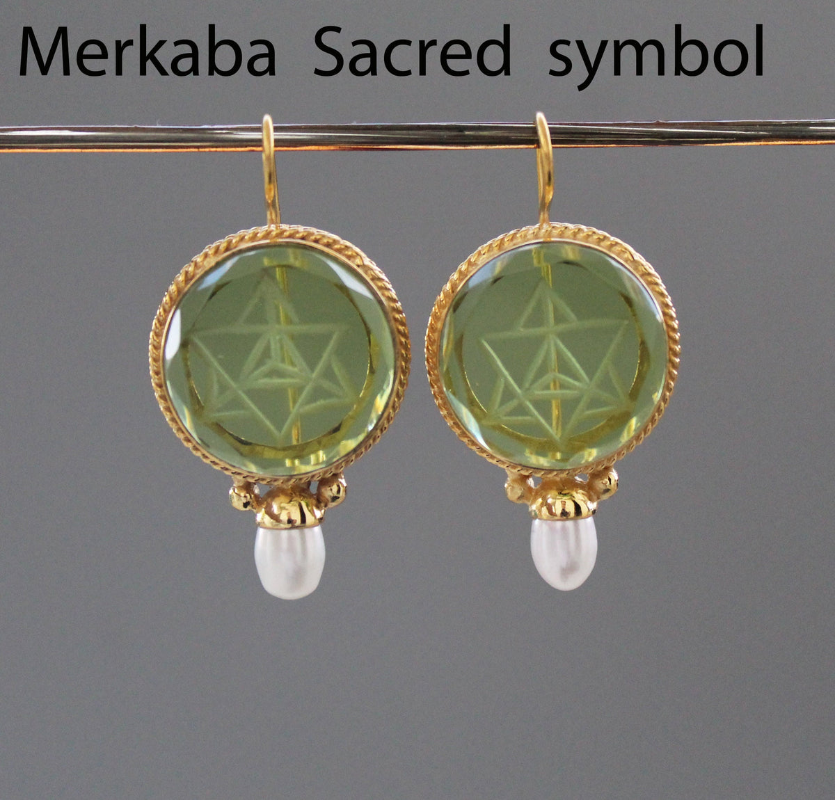 Green Merkaba Intaglio Earrings, Antique Gold Finish
