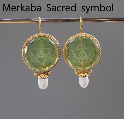 Green Merkaba Intaglio Earrings, Antique Gold Finish