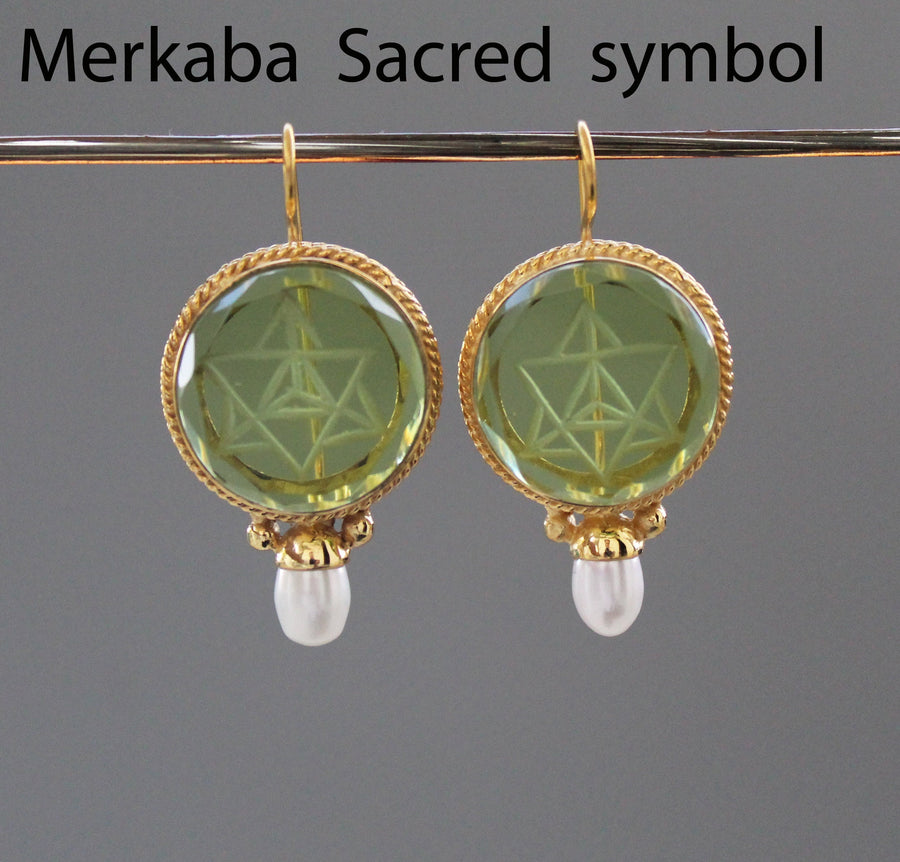 Green Merkaba Intaglio Earrings, Antique Gold Finish