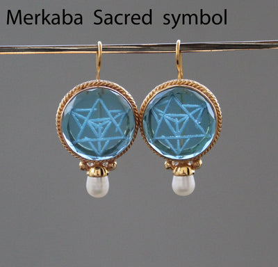 Blue Merkaba Intaglio Earrings, Victorian Pearl Style, Gold, photo 2
