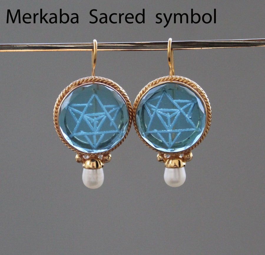 Blue Merkaba Intaglio Earrings, Victorian Pearl Style, Gold, photo 2