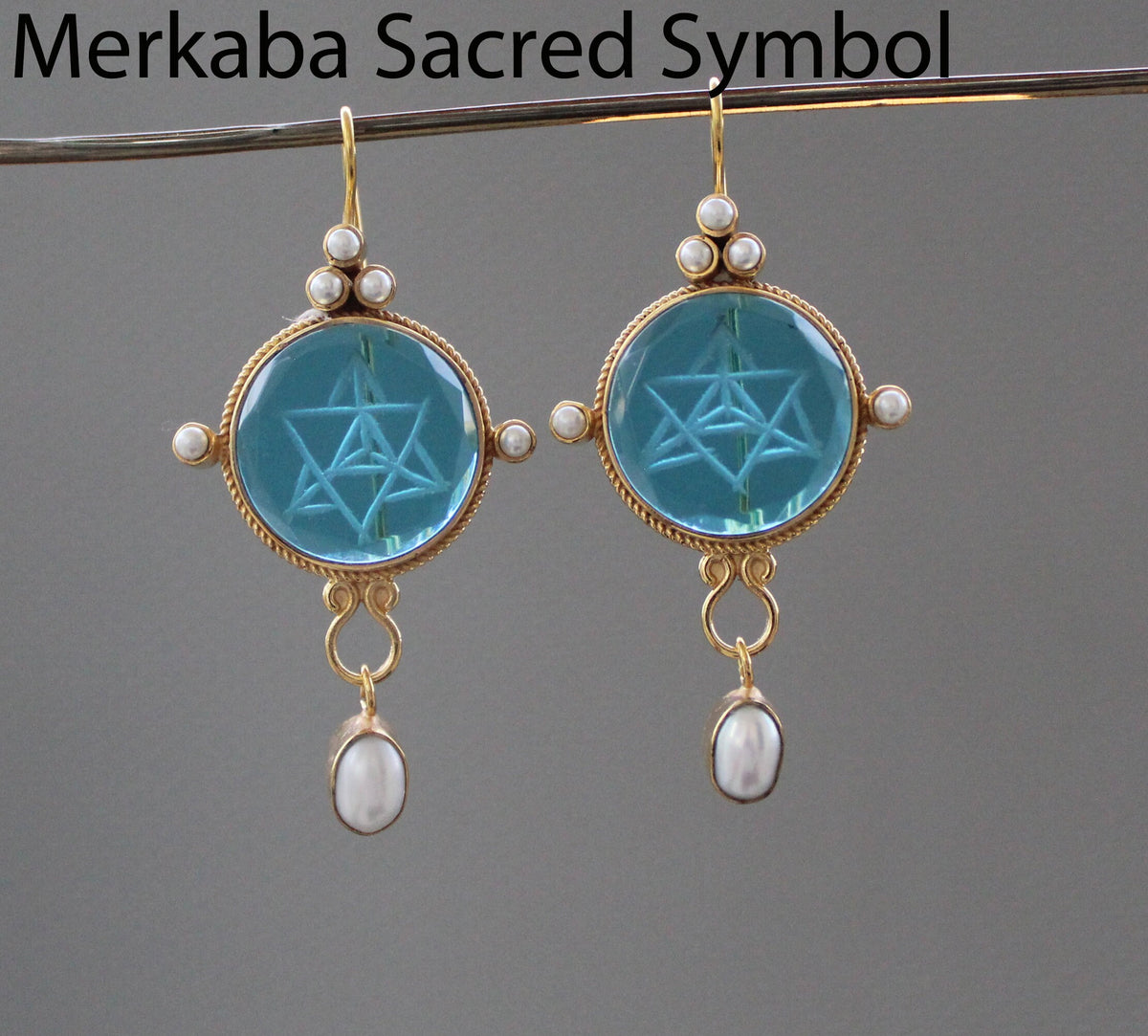 Blue Merkaba Earrings, Sacred Geometry, Victorian Pearl Dangles, photo 6