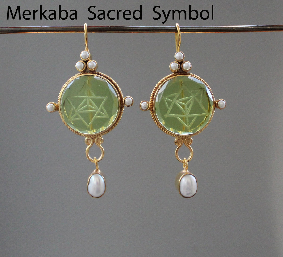 Green Merkaba Intaglio Earrings, Sacred Geometry, Gold Plated with Pearls