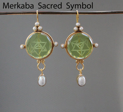 Green Merkaba Intaglio Earrings, Sacred Geometry, Gold Plated with Pearls
