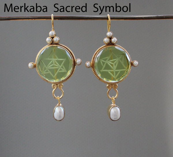 Green Merkaba Intaglio Earrings, Sacred Geometry, Gold Plated with Pearls