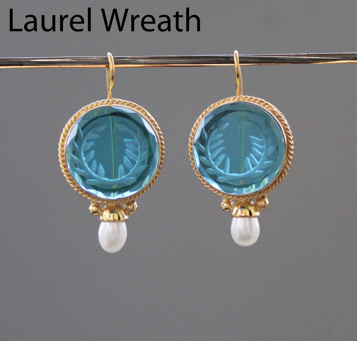 Blue Laurel Wreath Intaglio Earrings, Art Nouveau Style, Gold, photo 2