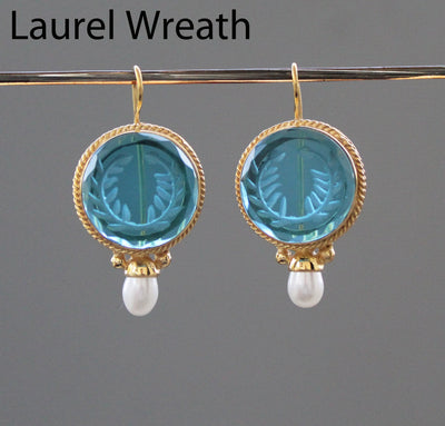 Blue Laurel Wreath Intaglio Earrings, Art Nouveau Style, Gold, photo 2