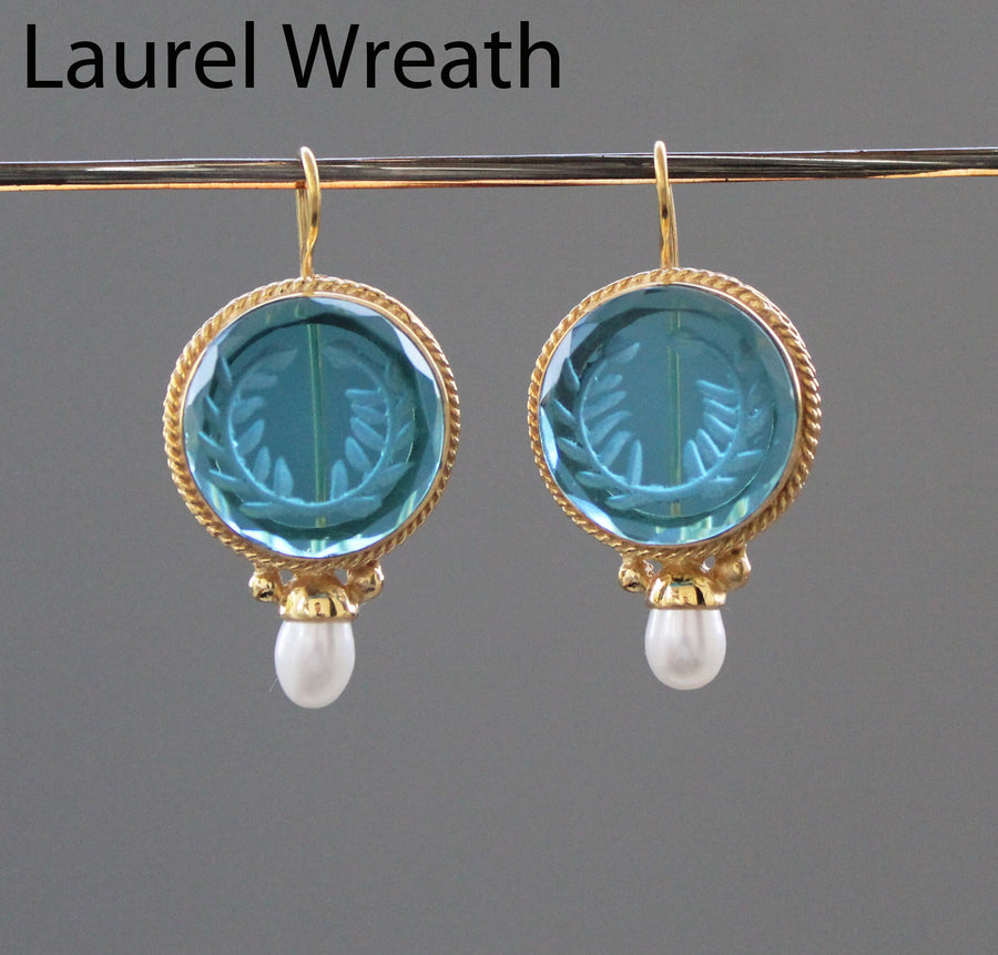 Blue Laurel Wreath Intaglio Earrings, Art Nouveau Style, Gold, photo 2