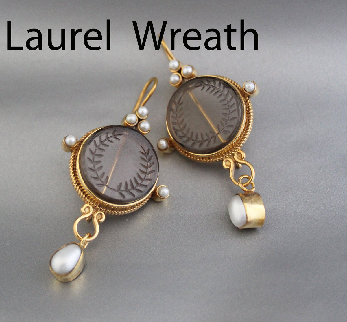 Smokey Laurel Wreath Intaglio Earrings, Edwardian Gold Vermeil