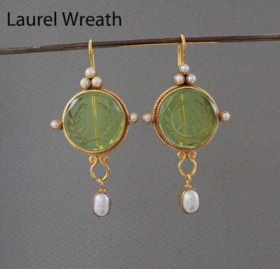 Laurel Wreath Intaglio Earrings, Gold Chandelier with Pearls, photo 9