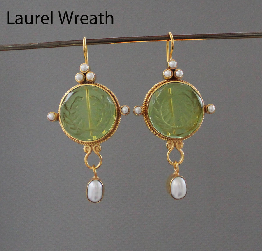 Laurel Wreath Intaglio Earrings, Gold Chandelier with Pearls, photo 9