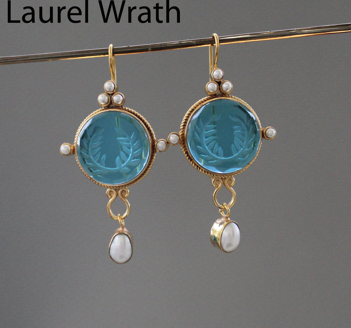 Blue Glass Intaglio Dangle Earrings, Bridal Pearl Drops, Gold Vermeil, photo 2