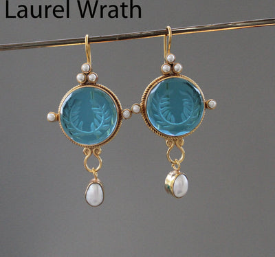 Blue Glass Intaglio Dangle Earrings, Bridal Pearl Drops, Gold Vermeil, photo 2