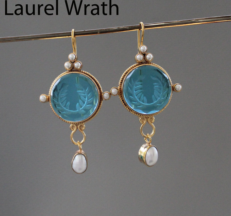 Blue Glass Intaglio Dangle Earrings, Bridal Pearl Drops, Gold Vermeil, photo 2