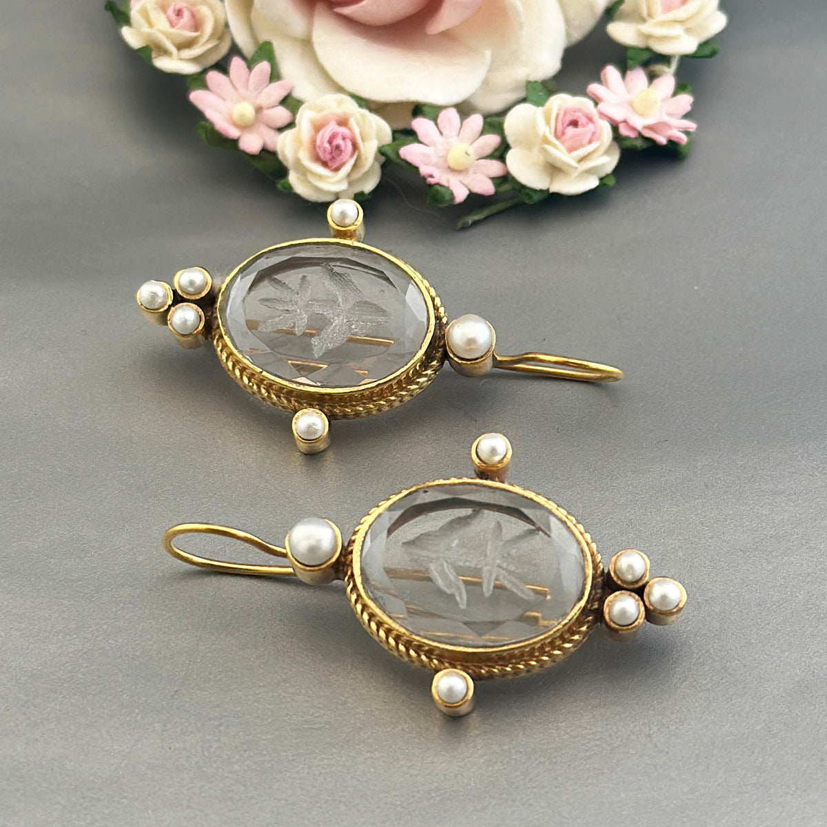 Clear Crystal Intaglio Earrings, Ancient Roman Style, 14K Gold