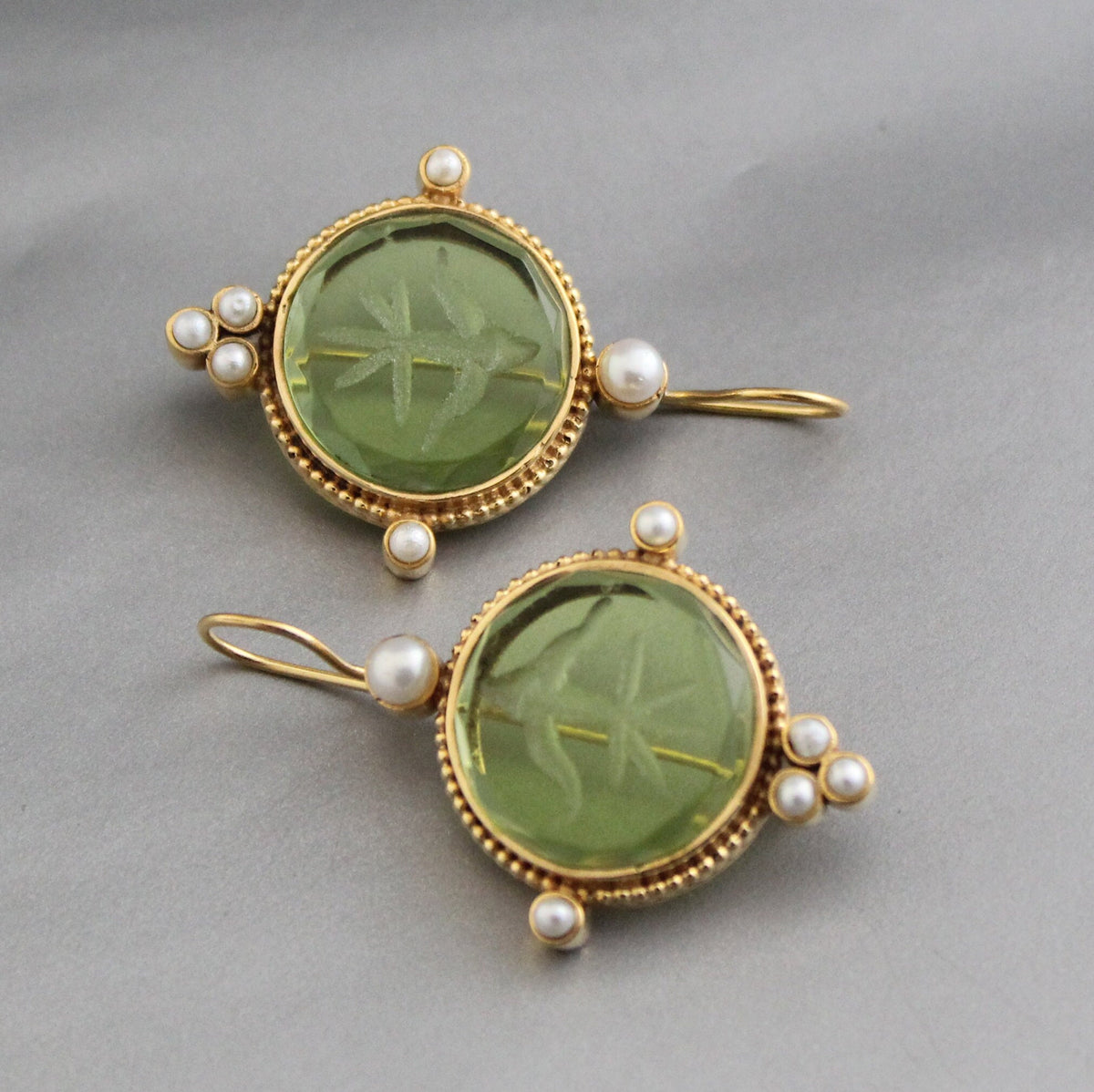 Green Glass Intaglio Earrings, Brass with Pearls, photo 2